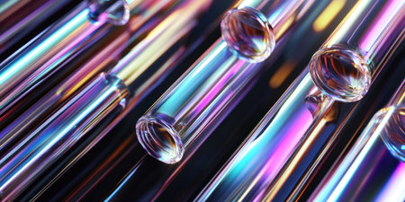 A high-resolution, hyper-realistic image of an abstract background featuring iridescent glass tubes arranged in geometric patterns on a black background. The focus is sharp, and the lighting creates a dramatic effect with reflections that highlight each tube's unique colors and textures. This composition adds depth to any design or presentation by creating visual layers and adding a touch of futuristic elegance through its metallic sheen and vibrant hues. --ar 2:1 --v 6.1 Job ID: 9054ef70-8e5f-4059-9637-46393328894aの素材