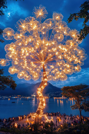 A huge firework is displayed in the night sky, creating an atmosphere of joy and celebration., commercial photo, soft light, high resolution photography. The fireworks display was centered around it, with golden flames bursting out from its center like flowers blooming. It illuminated up to one side of the dark blue sea surface, adding color to the entire scene. On both sides of the riverbank were crowds watching the colorful lights and feeling happy., --ar 2:3 --v 6.1 Job ID: 67560b33-a627-4948-baef-cd906c2d1875の素材