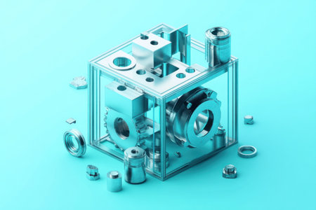 Isometric rendering of an abstract cube with various pieces and sections, each piece is made from different materials like metal or glass. The overall composition creates depth through its complex arrangement. The background color should be light blue to create contrast against the metallic colors. The overall mood should convey innovation and modernity, in the style of product design photography, high resolution. --ar 3:2 --v 6.1 Job ID: 08665f45-36c1-4bfb-bfe2-4282b731c550の素材