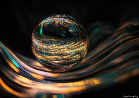 Abstract black background with swirling light, holographic sphere made of glass, black background, dark and moody, low-angle shot, in the style of "PaperDumpling". Holography, Holo Light, Ssdyna Hauger, hologram. --ar 7:5 --v 6.1 Job ID: 9822d896-e32a-4653-a406-e312e1d34205の素材