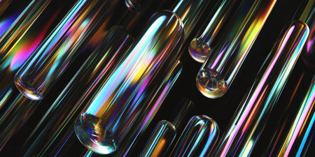 A high-resolution, hyper-realistic image of an abstract background featuring iridescent glass tubes arranged in geometric patterns on a black background. The tubes create intricate and dynamic shapes that enhance the visual appeal of the composition. This design is suitable for creative or artistic projects where it adds depth to visuals with its holographic effect. It's perfect as a vector graphic for use in graphics, web development, packaging design, advertising, and more. --ar 2:1 --v 6.1 Job ID: 6802cc5b-8864-4e08-9331-ca0ddceaf7f7の素材