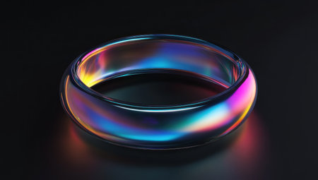 A smooth, curved ring made of iridescent, holographic material on a black background. A simple composition with a minimalist aesthetic. This 3D rendering is presented through high-resolution photography, professional color grading, soft shadows, low contrast, and a clean, sharp focus, reminiscent of magazine-style photography. --ar 53:30 --v 6.1 Job ID: 10dfa9d0-7267-4446-9769-def8daebaa17の素材