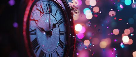New Year's Eve, the clock showing midnight with confetti and bokeh lights in the background. --ar 71:30 --v 6.1 Job ID: dd0c5855-dc0c-4996-8319-1fe86f568f35の素材