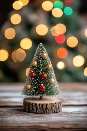 A small Christmas tree, decorated with red and gold ornaments, stands on an old wooden table, surrounded by colorful lights that cast a warm glow over the scene. In front of it is a bokeh background with a large Christmas tree in soft focus. The overall atmosphere exudes warmth and joy, as if inviting people to create their own festive moments at home. --ar 2:3 --v 6.1 Job ID: e54f62b3-c6d4-4268-8151-7b4db14544c2の素材