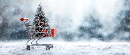 Christmas tree in a shopping cart on a snowy background, with a banner and copy space area. --ar 71:30 --v 6.1 Job ID: 52ac1b11-2a0f-41ca-b2a7-1a0b7044f9feの素材