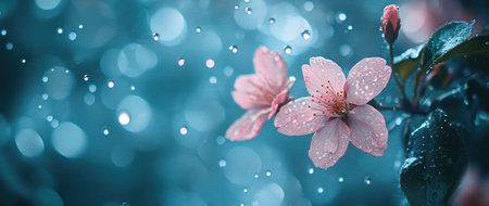 Beautiful pink cherry blossom flowers on a blue background with bokeh lights and copy space for text, a spring-time banner template. Shiny water droplets flying in the air. --ar 71:30 --v 6.1 Job ID: efe5f4ac-cf37-4c49-88fb-46f6b463b349の素材