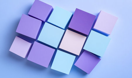 Abstract background with blue and purple squares, in the style of Isometric style. Minimalistic pastel color palette. The background is made of rectangular shapes in different shades of violet and sky-blue colors. It creates the impression that you can see part of an object or structure from above. The composition conveys minimalism, modernity, and space for text. A high-quality photo taken on a Sony Alpha camera with a bokeh blur effect. --ar 5:3 --v 6.1 Job ID: 58fb91cd-ae29-4642-8f7d-2ca33357c9a3の素材