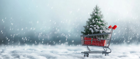 Photo of a Christmas tree in a shopping cart on a snowy background, with a banner that has a copy space area. --ar 71:30 --v 6.1 Job ID: ab45fcd3-edce-42b5-bcc1-2d2ec065ccc9の素材