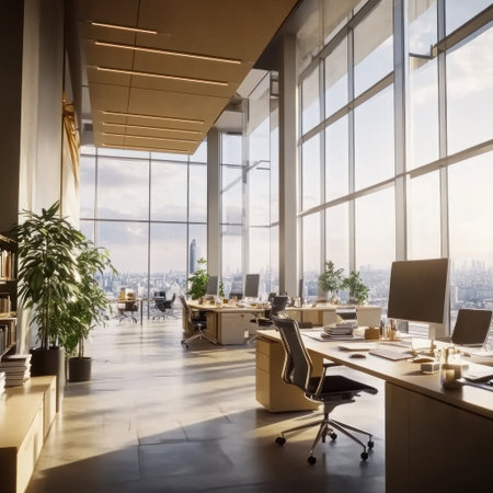 Modern open-space office interior with desks and chairs, computers on tables, panoramic windows with a city view. Scandinavian-style design concept of a work environment. Wide-angle lens, realistic lighting. 16:7 --v 6.1 Job ID: 98caf5b0-a8e2-4c3a-a483-40cb8bae73a0の素材