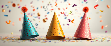 Vibrant confetti and party hats floating in the air, creating an atmosphere of celebration for a special event or holiday. Commercial photo, photo-realistic, high resolution, shot on a Sony A7R IV at f/2.0. --ar 71:30 --v 6.1 Job ID: de527994-e4fa-43ef-86a1-984c1566b328の素材