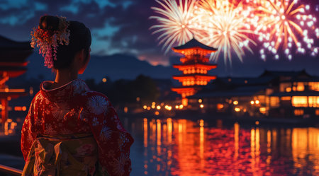A Japanese woman in traditional attire, wearing an Åkami kimono, watching fireworks at Kiyomizudera Temple by the water with temple buildings in the background. --ar 9:5 --v 6.1 Job ID: d839e53a-50c0-4934-b424-ddcdfd1893c6の素材
