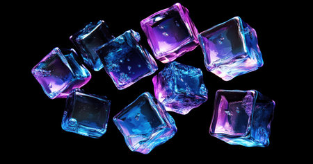 A dark background with multiple blue and purple glass squares floating in the air, arranged neatly together. The camera is positioned at an angle of about one-third from above, creating a sense of depth that adds to its futuristic appearance. This visual style creates a dynamic composition that emphasizes both the sleekness and complexity of these cubes, which appear as if they could be moving or spinning within their environment. --ar 19:10 --v 6.1 Job ID: dcc28dec-42b6-4d41-99e3-55f7cf38ead7の素材