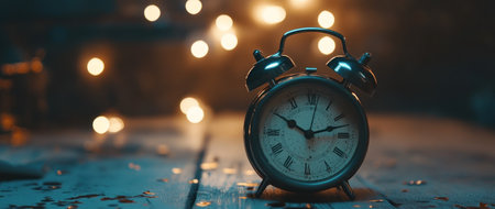 Vintage alarm clock with confetti and bokeh lights in the background, symbolizing a New Year's Eve celebration. The scene is set against a dark, blurred background, creating an atmosphere of joyous anticipation for another day filled with possibilities. This stock photo perfectly captures the festive spirit, offering it as one exquisite element to be used in your creative projects. It's perfect! --ar 71:30 --v 6.1 Job ID: 93302fac-6871-49d1-a308-3ab6ea0fa137の素材