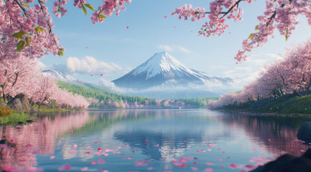 A stunning and picturesque scene of Mount Fuji with cherry blossoms in full bloom, reflecting on the calm waters below. The iconic mountain is visible against a clear blue sky, surrounded by lush greenery and vibrant pink petals, creating an enchanting atmosphere that captures nature's beauty at its finest. The focus is on the majestic mountain. --ar 9:5 --v 6.1 Job ID: 1d7d8956-b94e-44c3-8f16-e7b40b59ef6dの素材