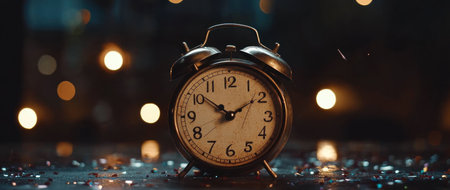 Vintage alarm clock with confetti and bokeh lights in the background, symbolizing a New Year's Eve celebration. The scene is set against a dark, blurred background, creating an atmosphere of joyous anticipation for another day filled with possibilities. This stock photo perfectly captures the festive spirit, offering it as one exquisite element to be used in your creative projects. It's perfect! --ar 71:30 --v 6.1 Job ID: 93302fac-6871-49d1-a308-3ab6ea0fa137の素材