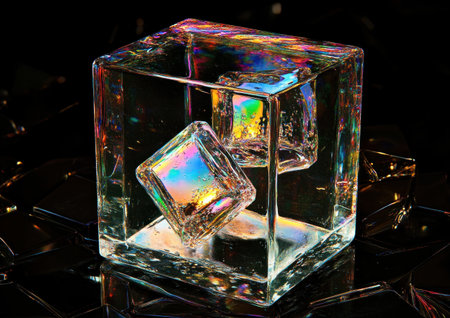 A glass cube with three-dimensional geometry, containing three square shapes inside the box. Black background. Transparent material style. The main body is made of crystal and has a colorful light refraction effect. High-definition details. --ar 7:5 --v 6.1 Job ID: 278e3c7b-0a18-486b-999a-2afb57be2a8eの素材