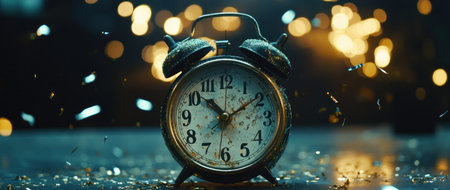 Vintage alarm clock with confetti and bokeh lights in the background, symbolizing a New Year's Eve celebration. The scene is set against a dark, blurred background, creating an atmosphere of joyous anticipation for another day filled with possibilities. This stock photo perfectly captures the festive spirit, offering it as one exquisite element to be used in your creative projects. It's perfect! --ar 71:30 --v 6.1 Job ID: 93302fac-6871-49d1-a308-3ab6ea0fa137の素材