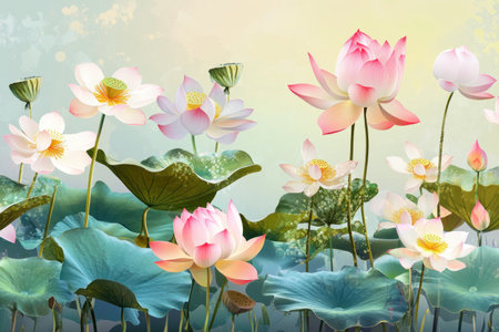 Vibrant lotus flowers and leaves on a pastel background, vector presentation design. Ultra-realistic, high-resolution illustration, detailed, high detail, clean sharp focus, high quality. --ar 3:2 --v 6.1 Job ID: 9e821f62-061e-40f2-9a76-d7b47a3ef2f0の素材