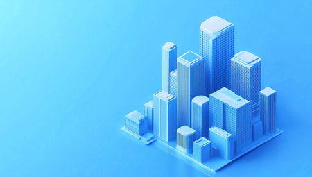 Minimalist blue background with 3D isometric skyscrapers in the style of Mondrian. --ar 53:30 --v 6.1 Job ID: f4d764b4-32c3-486f-b31b-1d5a24265456の素材