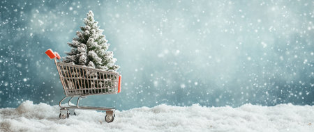 Photo of a Christmas tree in a shopping cart on a snowy background, with a banner that has a copy space area. --ar 71:30 --v 6.1 Job ID: ab45fcd3-edce-42b5-bcc1-2d2ec065ccc9の素材