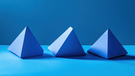 Blue background with three blue geometric shapes, representing technology and data. --ar 53:30 --v 6.1 Job ID: 2a8282d2-7d97-4d14-b792-633a65156f76の素材