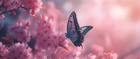 A butterfly perched on the delicate pink blossoms of a cherry tree, with a soft pastel background that creates a dreamy and romantic atmosphere. --ar 71:30 --v 6.1 Job ID: 9a8de7f6-d80a-4538-956b-ba91a2de72f2の素材