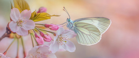 A butterfly perched on the delicate pink blossoms of a cherry tree, with a soft pastel background that adds to its ethereal beauty. The focus is sharp and clear, capturing every detail in high resolution. This scene evokes feelings of tranquility and nature's harmony. High-quality photograph. --ar 71:30 --v 6.1 Job ID: 93c396d3-2477-472f-996e-dbc7d8f4437cの素材