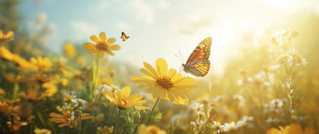 A butterfly landing on the yellow flower in an endless field of wildflowers, with sunlight filtering through, creating a warm and vibrant scene. High-quality photograph. --ar 71:30 --v 6.1 Job ID: cafbfa23-8de0-4318-8b98-a0354de8ce97の素材