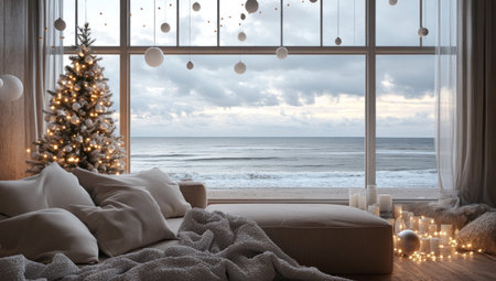 A cozy living room with large windows overlooking the ocean, decorated for Christmas with lights and decorations. The window is open to reveal an expansive beach view under a cloudy sky. A beige sofa sits in front of it, surrounded by soft blankets and pillows. In the background, there's a small tree adorned with white ornaments, adding warmth to the space. --ar 53:30 --v 6.1 Job ID: 826daf54-b883-4fc4-b6ef-9d8f1f83d289の素材