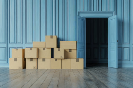 3D rendering of cardboard boxes inside a wall with wooden paneling in a blue color, with open doors on the right side. Concept for online shopping and delivery, for an advertising banner or mockup design template. --ar 3:2 --v 6.1 Job ID: cbc09959-8642-4b10-9c4a-680c854abfc9の素材