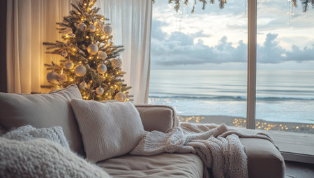 A cozy living room with large windows overlooking the ocean, decorated for Christmas with lights and decorations. The window is open to reveal an expansive beach view under a cloudy sky. A beige sofa sits in front of it, surrounded by soft blankets and pillows. In the background, there's a small tree adorned with white ornaments, adding warmth to the space. --ar 53:30 --v 6.1 Job ID: 826daf54-b883-4fc4-b6ef-9d8f1f83d289の素材