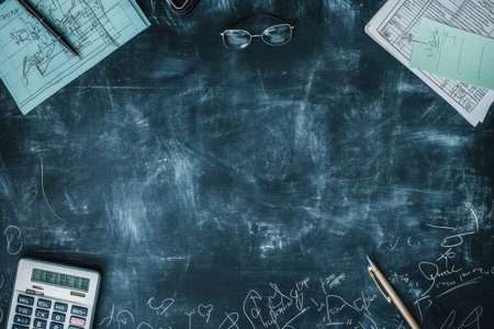 A blackboard background with hand-drawn office elements like papers, a calculator, and a pen at the bottom of it. --ar 3:2 --v 6.1 Job ID: 538db432-57ed-459b-997f-fa0a4b859e81の素材