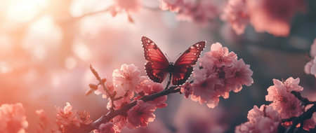 A butterfly perched on the branch of a cherry blossom tree, with pink flowers in full bloom against a soft pastel background. The delicate petals and vibrant colors create a serene spring scene, while sunlight filters through to highlight the beauty of nature's blossoms. --ar 71:30 --v 6.1 Job ID: 146c6fa3-9a56-48b8-b0e0-45723fe7f375の素材