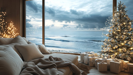 A cozy living room with large windows overlooking the ocean, decorated for Christmas with lights and decorations. The window is open to reveal an expansive beach view under a cloudy sky. A beige sofa sits in front of it, surrounded by soft blankets and pillows. In the background, there's a small tree adorned with white ornaments, adding warmth to the space. --ar 53:30 --v 6.1 Job ID: 826daf54-b883-4fc4-b6ef-9d8f1f83d289の素材