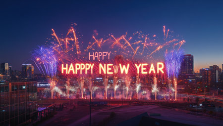 A vibrant display of fireworks forming the words "HAPPY NEW YEAR" and the numbers "2025" against an urban skyline backdrop, creating a dynamic New Year's celebration. High-quality photograph. --ar 53:30 --v 6.1 Job ID: 54004df9-9c41-4cab-b0ae-c9b4b0d8b70bの素材