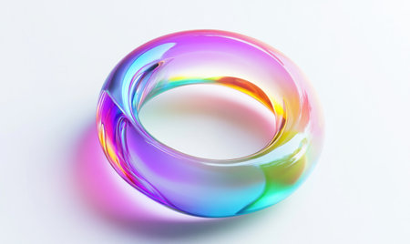 3D render of a colorful holographic ring icon on a white background, with a minimalistic design featuring soft lighting and color gradients, a glass-like texture, rounded shapes, soft edges, and a sense of fluidity, creating an elegant yet playful atmosphere, with no shadows. --ar 5:3 --v 6.1 Job ID: 5b49bbd9-44dc-41da-9c6d-a6f248fba218の素材