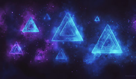 A dark background with blue and purple glowing triangles floating in the air, arranged to form an abstract geometric pattern. The shapes create an otherworldly effect that adds depth and dimensionality to the composition. --ar 26:15 --v 6.1 Job ID: 3b45cb3c-65ea-434a-99cd-686c676b967bの素材