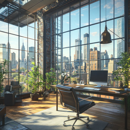 Modern open-space office interior with desks and chairs, computer tables for employees to work in an industrial-style building on the city background. 3D rendering illustration of a modern business concept design with a table desk, chair, and laptop, working place interior design. Wide-angle lens, natural lighting.16:7 --v 6.1 Job ID: c0a40581-8802-449b-9d13-3e3b85bcdaefの素材