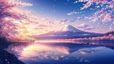 A view of Mount Fuji with cherry blossoms on the trees, water in the foreground, and a blue sky. The scene is realistic, beautiful, and dreamlike. --chaos 30 --ar 16:9 --v 6.1 Job ID: 44c91e18-791b-462b-a792-ba0cbfab3d18の素材