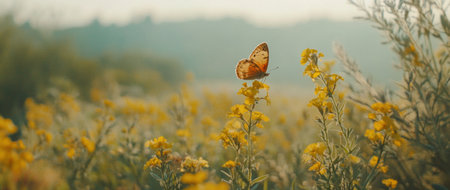A butterfly landing on the yellow flower in an endless field of wildflowers, with sunlight filtering through, creating a warm and vibrant scene. High-quality photograph. --ar 71:30 --v 6.1 Job ID: cafbfa23-8de0-4318-8b98-a0354de8ce97の素材