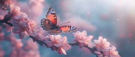 A butterfly perches on the delicate pink blossoms of an apricot tree, with a soft pastel background that adds to its ethereal beauty. The contrast between the vibrant colors and nature's elegance is stunning. This stock photo is ready for use in marketing materials or digital designs. --ar 71:30 --v 6.1 Job ID: 81f1cf6c-acea-403b-9ac1-74993f6a0ec5の素材