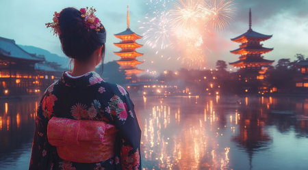 A Japanese woman in traditional attire, wearing an Åkami kimono, watching fireworks at Kiyomizudera Temple by the water with temple buildings in the background. --ar 9:5 --v 6.1 Job ID: d839e53a-50c0-4934-b424-ddcdfd1893c6の素材