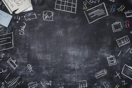 A blackboard background with white chalk drawings of documents, equations, and office supplies scattered around the edges. The top left corner is filled with paper clip illustrations. --ar 3:2 --v 6.1 Job ID: 0371ca9c-2ca9-44dd-9b6f-26b4fc56676cの素材