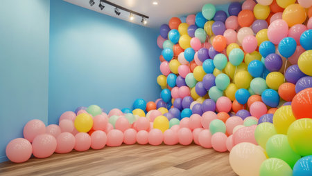 3D backdrop for photo, floor with balloons in the background, colorful balloons on a blue wall. --ar 53:30 --v 6.1 Job ID: bc344c8c-a08a-44df-a619-0142e3fce5beの素材