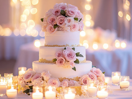 A beautiful five-tiered wedding cake with pink roses and gold accents, surrounded by candles on an elegant table setting. The background is a soft pastel color, creating a romantic atmosphere. --ar 4:3 --v 6.1 Job ID: 3be9963d-f43a-451e-a5ea-f278a756f4caの素材