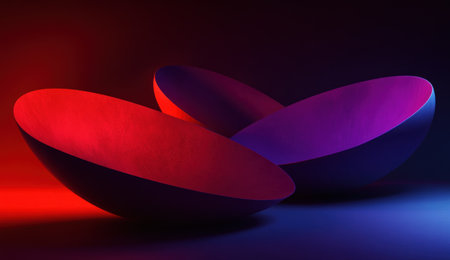 Abstract background with a gradient of purple and red colors, featuring large, soft shapes in the form of oval or semi-circular objects. The image has a dark shadow on the left side, creating a minimalist composition. The high-resolution image emphasizes smooth curves and shapes. --ar 26:15 --v 6.1 Job ID: c144611b-7325-4aa3-83bd-da641f9d4199の素材