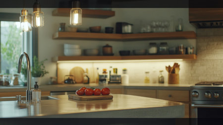A minimalist kitchen with a concrete countertop, wood cabinets, and floating shelves, featuring neutral tones and a modern interior design style. Close-up shot of the countertop. --chaos 30 --ar 16:9 --v 6.1 Job ID: 2fecf046-ca11-4954-9267-c06378fdd32eの素材