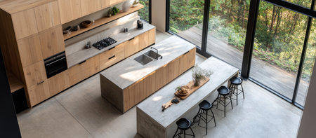Minimalistic, aerial view of an open kitchen with a light concrete counter and wooden cabinets. A long island table has black bar stools. The background is a large window looking out to nature. --ar 16:7 --v 6.1 Job ID: cbe28127-86aa-4e26-bba2-c57c1a327b34の素材