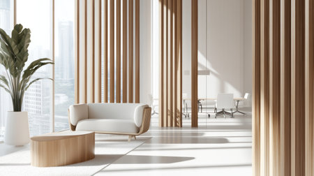 A white and wood-paneled conference room with modern office furniture, a city view outside the window, a close-up of vertical wooden slats on the wall, a minimalist interior design style, ultra-realistic photography, and high resolution. --chaos 30 --ar 16:9 --v 6.1 Job ID: 21472546-d295-4e72-95a8-03e643375464の素材