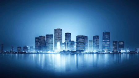 A digital cityscape with connected digital icons and bar graphs, representing the impact of big data on urban innovation. The background is a blue gradient sky over water, reflecting light and creating reflections in the foreground. A wide-angle shot captures an expansive view of buildings against the backdrop of night lights. This scene symbolizes technology's role as both a guardian to digital identity security while also highlighting its boundless power for transformation within cities. --chaos 30 --ar 16:9 --v 6.1 Job ID: b844bd75-7b4a-4e11-9b7a-0c330bbb99a3の素材